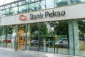 Bank Pekao logo. Building office facade. Logo of Bank Polska Kasa Opieki Spolka Akcyjna. Entrance to a branch office