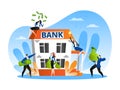 Bank people, financial currency transaction, vector illustration. Cartoon man near bank building hold money, credit