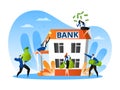 Bank people, financial currency transaction, vector illustration. Cartoon man near bank building hold money, credit