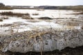 On the bank of the river there are layers of ice, a spring icebreaker, it is dangerous not to be on the ice.