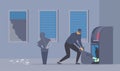 Bank robbery attempt flat vector illustration. Dangerous robber with money bag, criminal in mask cartoon character