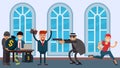 Bank robbery, criminals in hats and glasses threaten with a pistol vector flat illustration. Royalty Free Stock Photo