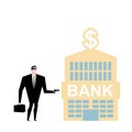 Bank robbery. Robber and bank building. Pistol and mask of mugger. Vector illustration