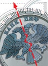 Bank of Russia. Deposits or mutual funds. Time and money. Flying double-headed eagle against the background of the stopwatch dial