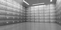 Bank safe boxes with closed steel doors in underground vault, perspective view. Realistic interior empty room with metal Royalty Free Stock Photo