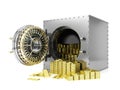 Bank safe deposit box and opened bank vault door revealing gold bars, 3D Rendering Royalty Free Stock Photo