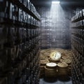 Bank safe filled with golden bitcoins. Crypto currency, finance, stock and investment concept. Generative AI