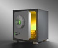 Bank safe with open door and gold bullion inside 3d render. Black metal box with green lock in vault for money storage Royalty Free Stock Photo