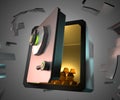 Bank safe vault with open door and gold bars inside 3d render. Black metal box with glowing green lock and flying Royalty Free Stock Photo