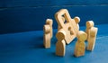 Bank secrecy, medical secret. Wooden figures of people stand around a padlock on a blue background. The concept of security Royalty Free Stock Photo