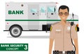 Bank security concept. Detailed illustration of bank armored car and security guard on white background in flat style. Vector illu Royalty Free Stock Photo