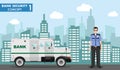 Bank security concept. Detailed illustration of armored car and security guard on background with cityscape in flat