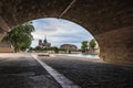 Bank of Seine river with Notre Dame de Paris cathedral view from under the bridge, Paris, France Royalty Free Stock Photo