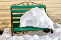 Bank of snow on bench thaws in spring in countryside. Royalty Free Stock Photo