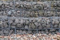 Bank stabilization and protection. Gabion dam surface as a background. Stones in wire mesh structure