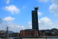 It bank stands under a blue sky in Fukuoka, Japan. It is a building of a bank 100 years ago,