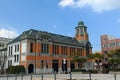 It bank stands under a blue sky in Fukuoka, Japan. It is a building of a bank 100 years ago,