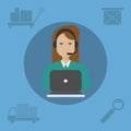 An office worker or businesswoman in a bank with a computer on a blue background. Vector illustration. Royalty Free Stock Photo