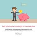 Bank teller holding coins beside of giant piggy bank Royalty Free Stock Photo