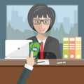 Bank teller sitting behind glass. Woman clerk in a bank office receiving money. Flat vector Royalty Free Stock Photo