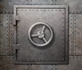 Bank vault or undeground shelter door on steam punk metal background 3d illustration