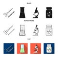 A bank of vitamins, a flask with a solution and other equipment.Medicine set collection icons in black, flat, monochrome