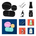 A bank of vitamins, a flask with a solution and other equipment.Medicine set collection icons in black,flat style vector