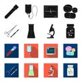 A bank of vitamins, a flask with a solution and other equipment.Medicine set collection icons in black,flet style vector