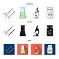 A bank of vitamins, a flask with a solution and other equipment.Medicine set collection icons in cartoon,black,flat