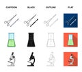 A bank of vitamins, a flask with a solution and other equipment.Medicine set collection icons in cartoon,black,outline Royalty Free Stock Photo