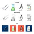 A bank of vitamins, a flask with a solution and other equipment.Medicine set collection icons in cartoon,flat,monochrome