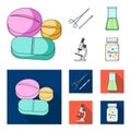 A bank of vitamins, a flask with a solution and other equipment.Medicine set collection icons in cartoon,flat style