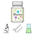 A bank of vitamins, a flask with a solution and other equipment.Medicine set collection icons in cartoon style vector