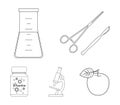 A bank of vitamins, a flask with a solution and other equipment.Medicine set collection icons in outline style vector