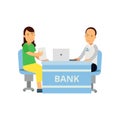 Banking consultant advises client on financial affairs. Man character in shirt and casual pants, woman in blouse and Royalty Free Stock Photo