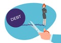 Banking debt burden chain debtor woman character, hand hold scissors help repay money loan flat vector illustration