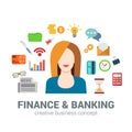 Banking and finance infographic icons concept, woman, bank