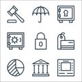Banking and finance line icons. linear set. quality vector line set such as atm machine, bank, pie chart, price tag, lock, vault, Royalty Free Stock Photo