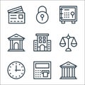 banking and finance line icons. linear set. quality vector line set such as bank, atm machine, clock, balance scale, office