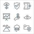 banking and finance line icons. linear set. quality vector line set such as protected, insurance, mission, vision, investment,