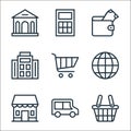 banking and finance line icons. linear set. quality vector line set such as shopping basket, delivery van, shopping store,