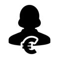 Banking icon vector female user person profile avatar with Euro sign currency money symbol for bank and finance business Royalty Free Stock Photo