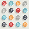 Banking icons with color buttons on gray background. Royalty Free Stock Photo