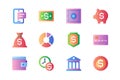 Banking icons set in color flat design. Pack of phone message, cash, money, safe, savings, piggy bank, data analysis, credit card