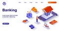 Banking isometric landing page. Bank financial services isometry concept. Accounting, transactions, credit card, savings 3d web Royalty Free Stock Photo