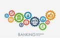 Banking mechanism. Abstract background with connected gears and integrated flat icons. symbols for money, strategy, card Royalty Free Stock Photo