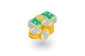 Banking, money, dollar banknotes and coins isometric flat icon. 3d vector