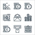 Banking and money line icons. linear set. quality vector line set such as bank, atm, euro, coins, salary, safe box, yen, pound