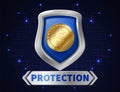 Banking money protection. Golden coin in realistic shield, save your money. Safety of financial investments vector Royalty Free Stock Photo