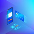 Banking online service in mobile app. Money transfer or internet shopping concept. Credit card and mobile phone. Vector isometric Royalty Free Stock Photo